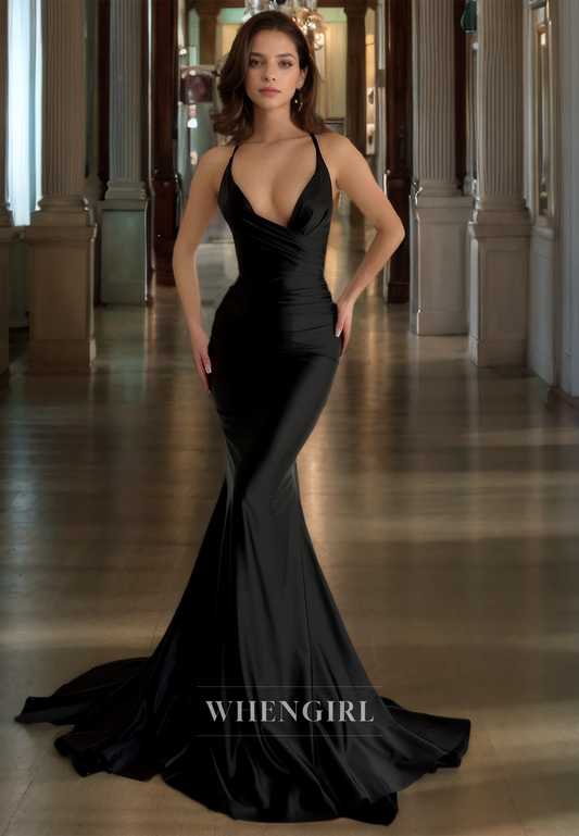 Mermaid V Neck Straps Sleeveless Long Prom Dress with Train