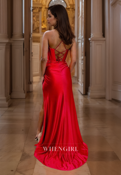 Sheath Strapless Straps Sleeveless Pleated Long Prom Dress with High Side Slit and Train