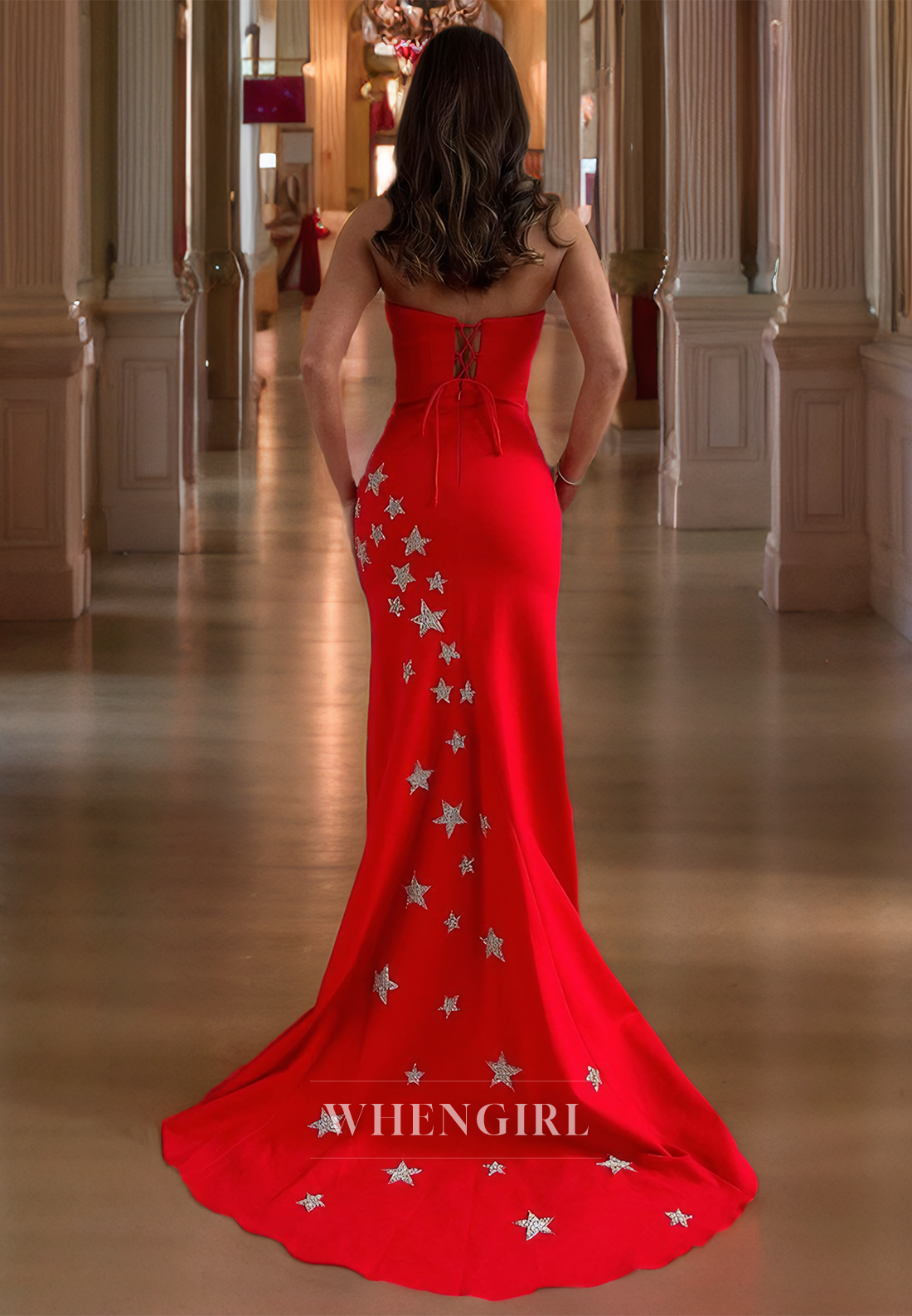 Sheath Strapless Sleeveless Satin Long Prom Dress with Side Slit and Stars