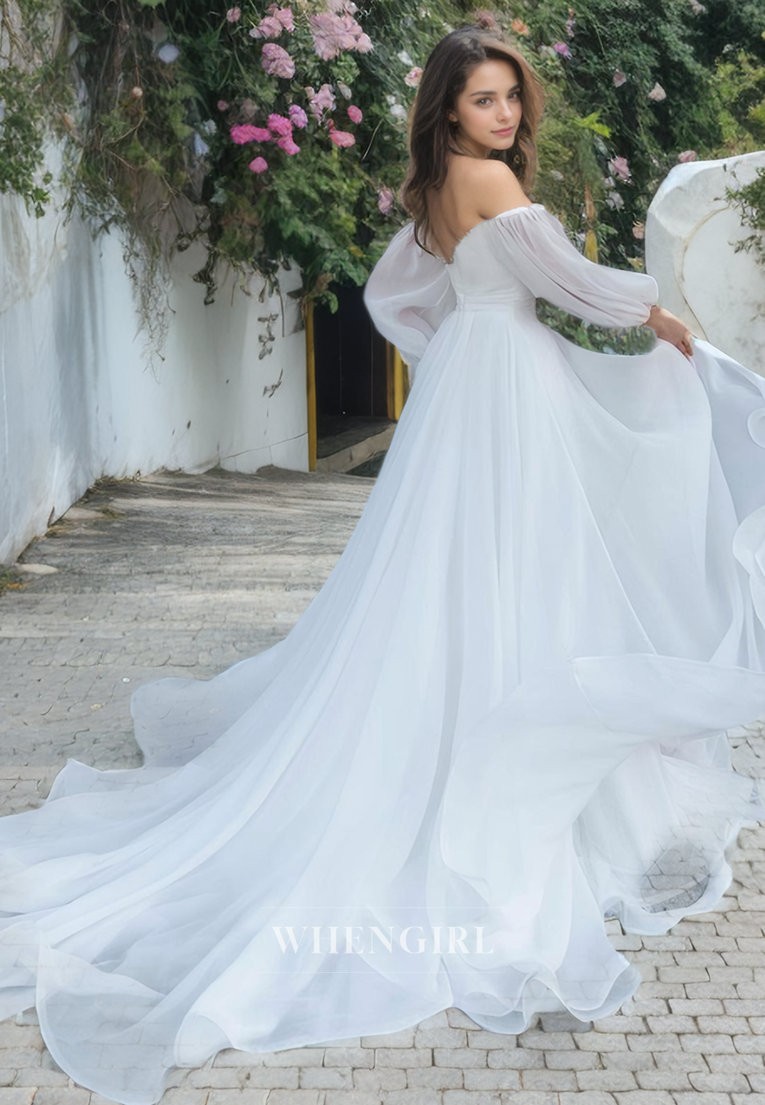 A-Line Off Shoulder Long Lantern Sleeves Pleated Long Wedding Dress with High Side Slit and Train