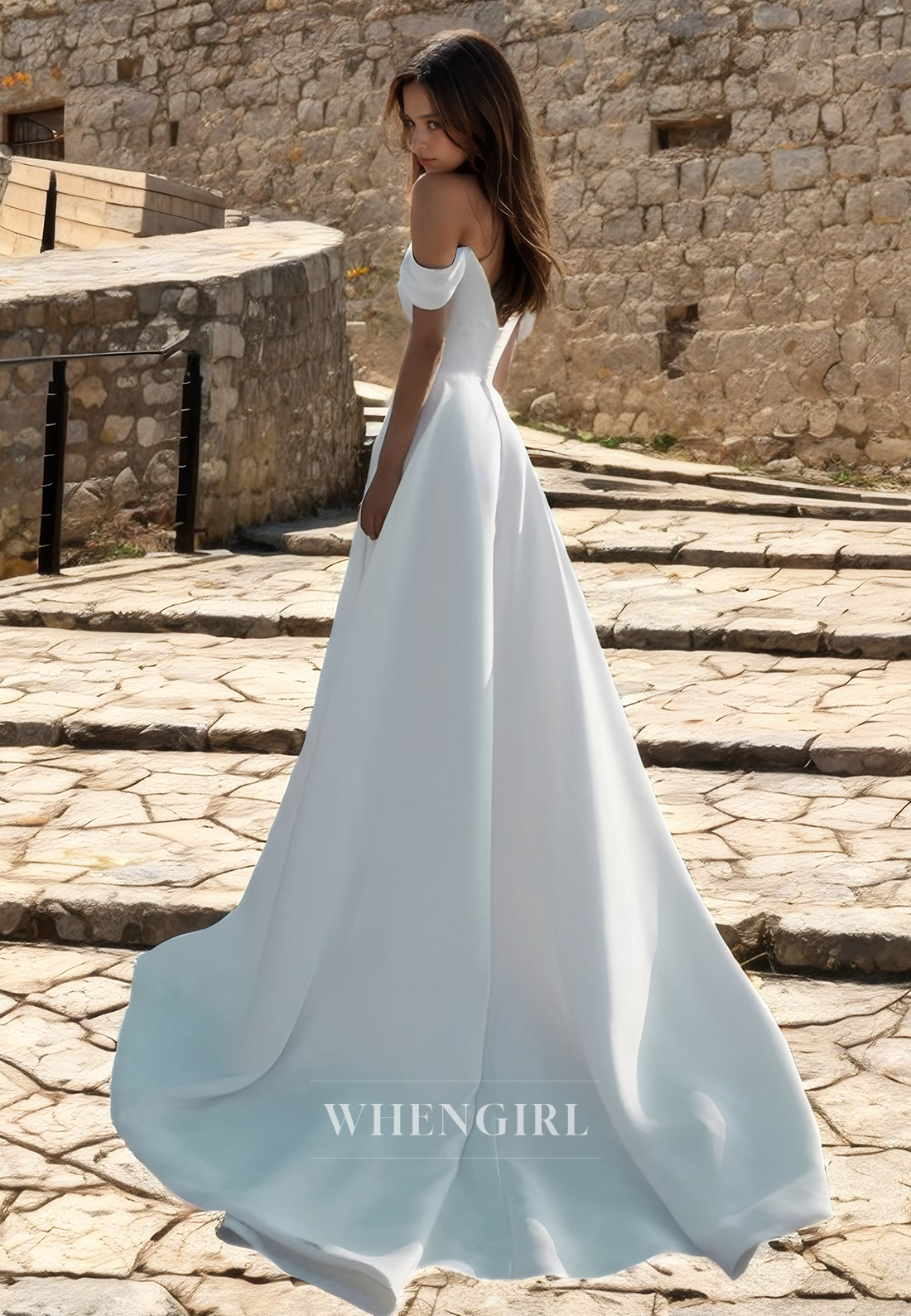 A-Line Off Shoulder Sleeveless Pleated Satin Weding Dress with Train and Slit