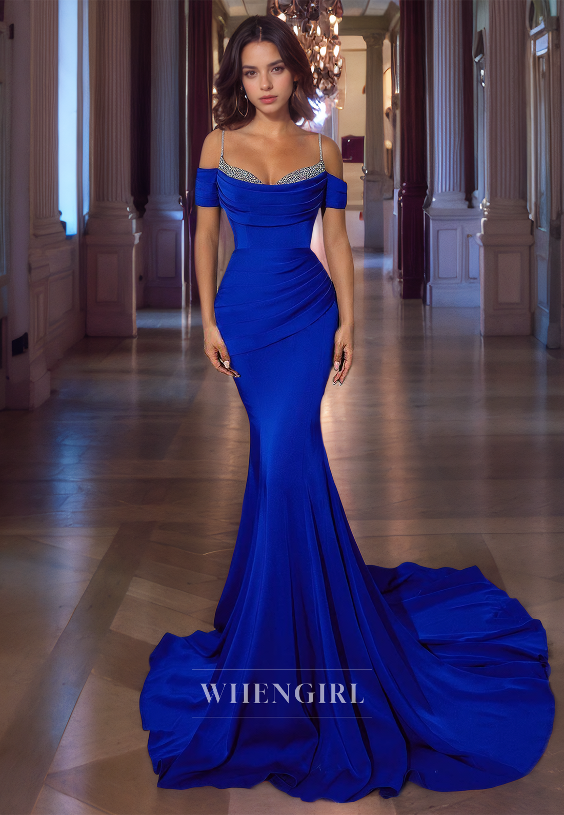 Mermaid Off Shoulder Straps Sleeveless Beaded Long Prom Dress with Train