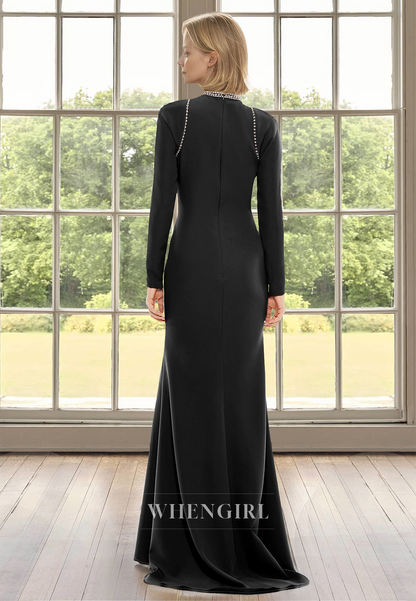 Beaded Long Sleeves High Neck Fitted Satin Mother of the Bride Dress with Train Cocktail Gowns