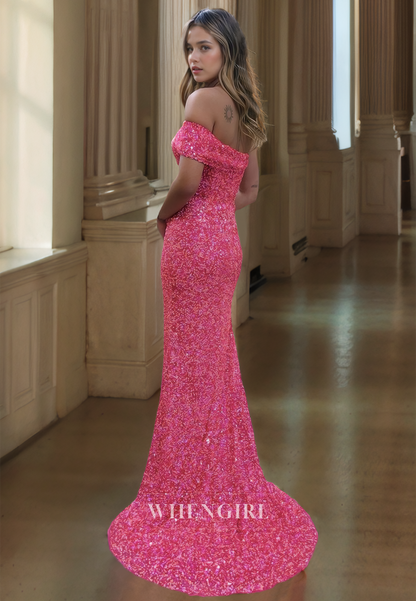One Shoulder Sleeveless Formal Dress High Split Sheath Long Sequins Prom Dress with Train