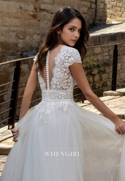 A-Line V-Neck Short Sleeves High Split Sweep Train Lace Boho Gowns Wedding Dress with Appliques