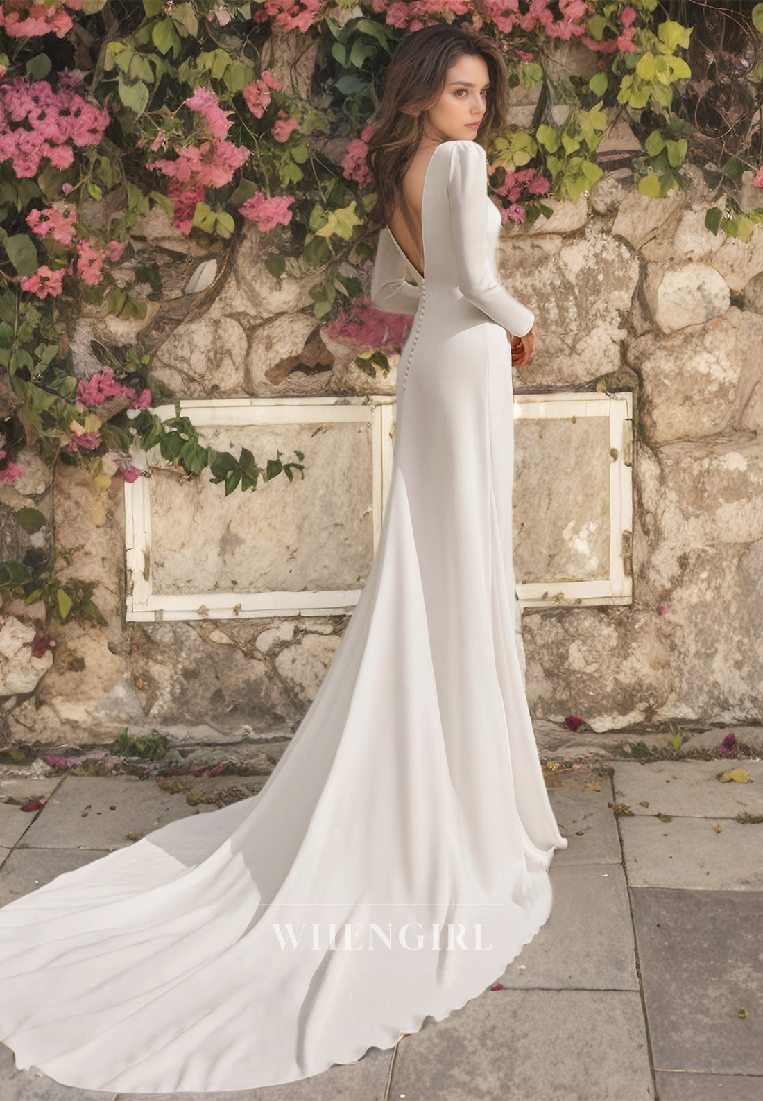 Sheath Round Neck Long Sleeves Pleated Long Wedding Dress with High Side Slit and Train