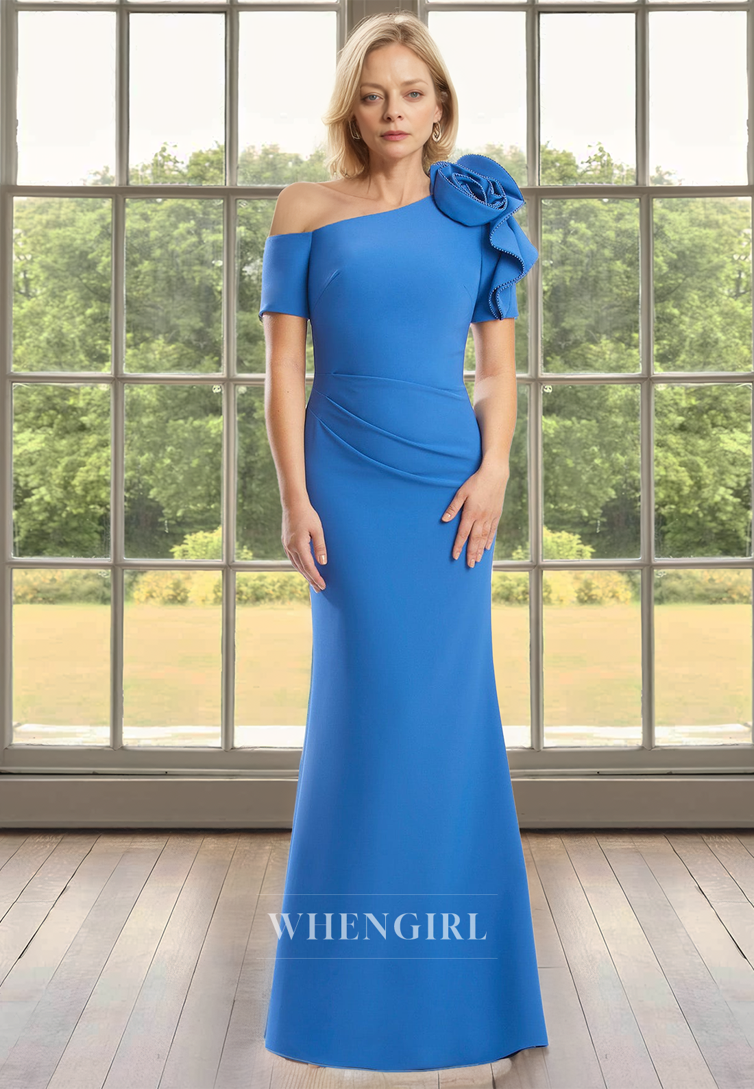 Beaded One Shoulder Short Sleeves Sheath Satin Long Mother of Groom with Floral Cocktail Gowns
