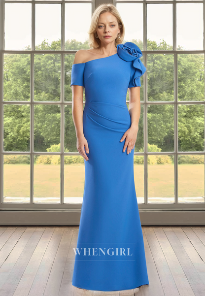 Beaded One Shoulder Short Sleeves Sheath Satin Long Mother of Groom with Floral Cocktail Gowns