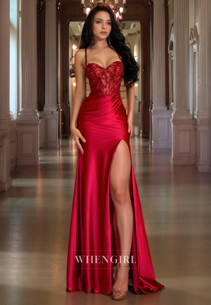 Sheath Straps Strapless Sleeveless Sequins Pleated Long Prom Dress with High Side Slit