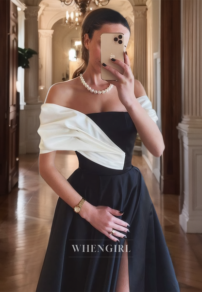 A-Line Off Shoulder Sleeveless Pleated Long Prom Dress with High Side Slit and Train