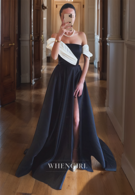 A-Line Off Shoulder Sleeveless Pleated Long Prom Dress with High Side Slit and Train