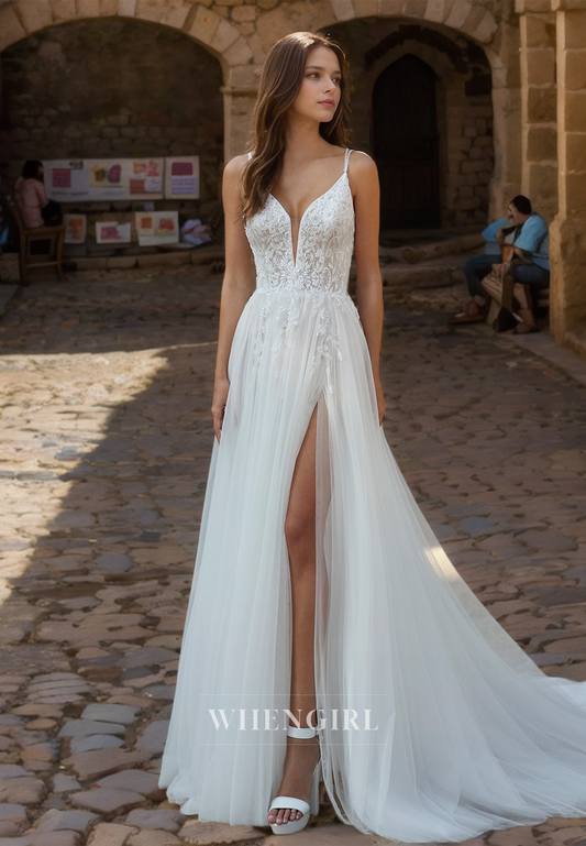 Beach A-Line V-Neck Spaghetti Straps Wedding Dress Slit Lace Appliques Boho Gowns with Train