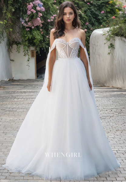 A-Line Strapless Sleeveless Straps Sleeveless Appliques Tulle Wedding Dress with Train