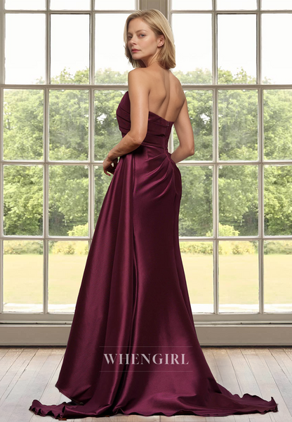 Tube Top Sheath Cocktail Dress Sleeveless Pleated Satin Mother of Groom with Train