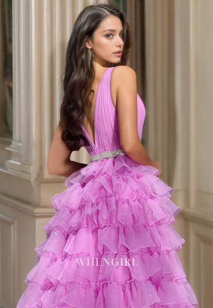 V-Neck Straps Sleeveless Tiered Tulle Ball Gown Prom Dress with Beads Party Gown