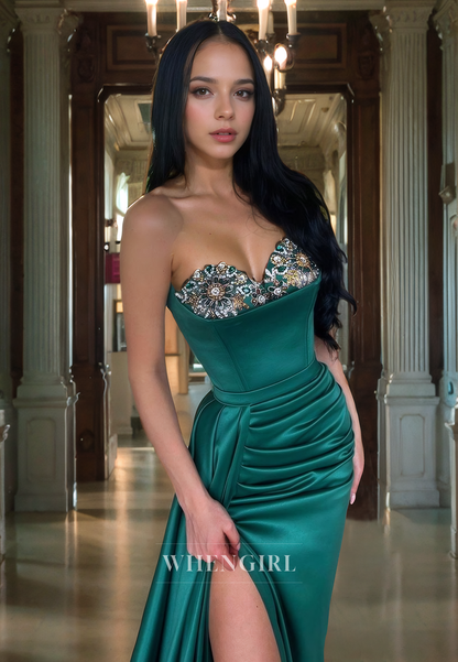 Sheath Strapless Sleeveless Pleated Beaded Sequins Long Prom Dress with High Side Slit and Train