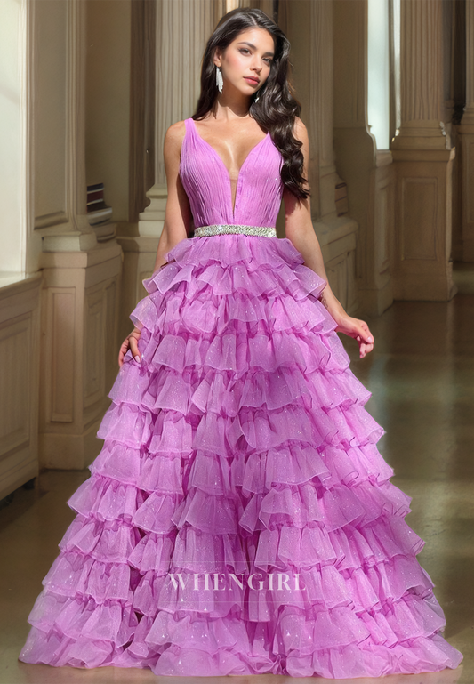 V-Neck Straps Sleeveless Tiered Tulle Ball Gown Prom Dress with Beads Party Gown