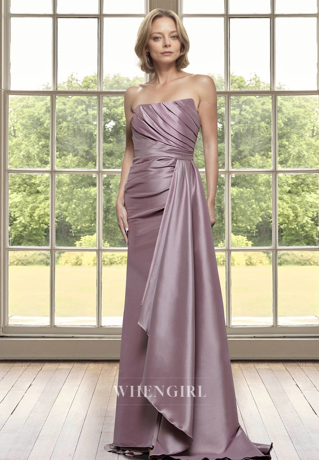 Tube Top Sheath Cocktail Dress Sleeveless Pleated Satin Mother of Groom with Train
