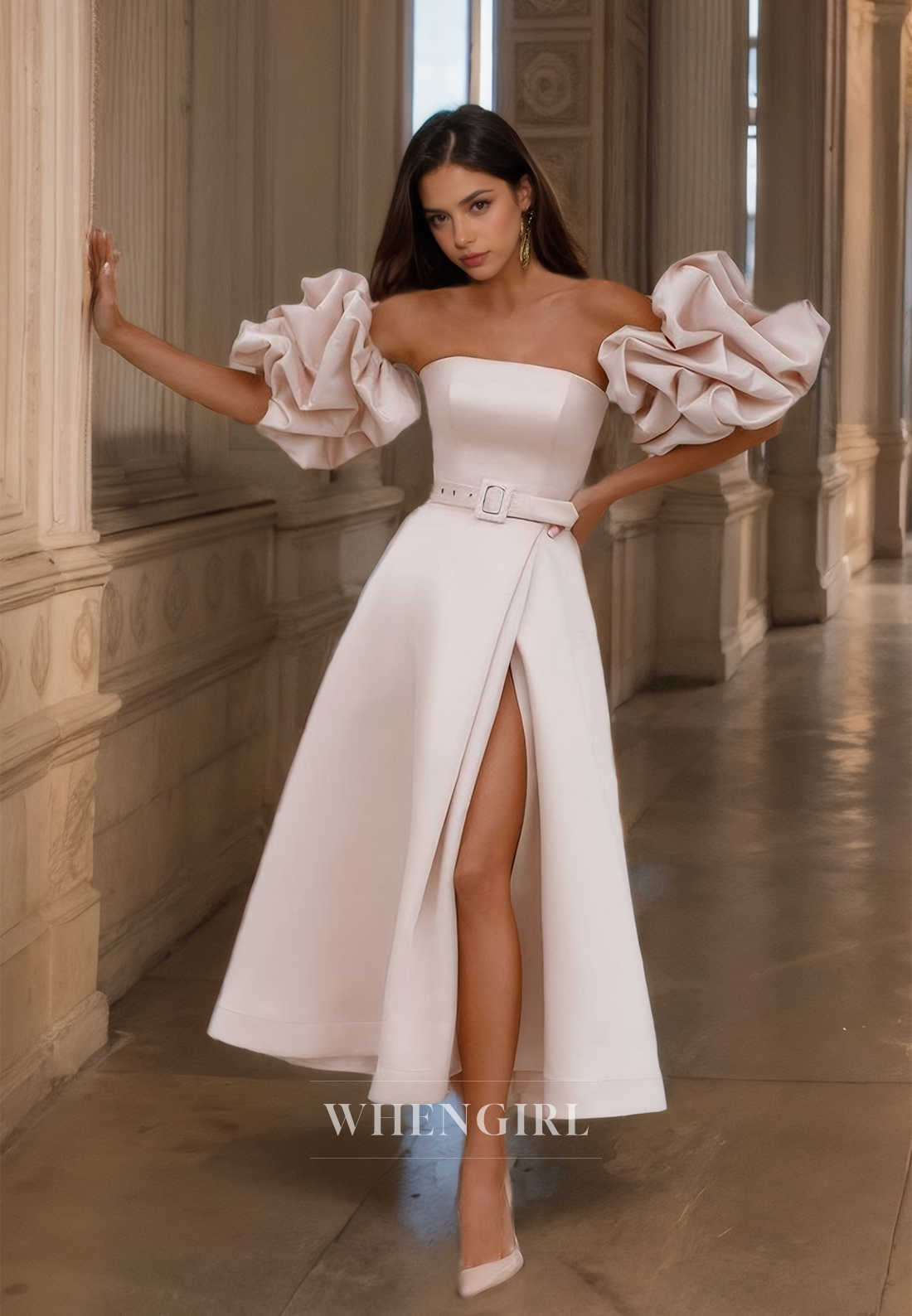 A-Line Off Shoulder Half Lantern Sleeves Ruched Tea Length Prom Dress with High Side Slit and Train