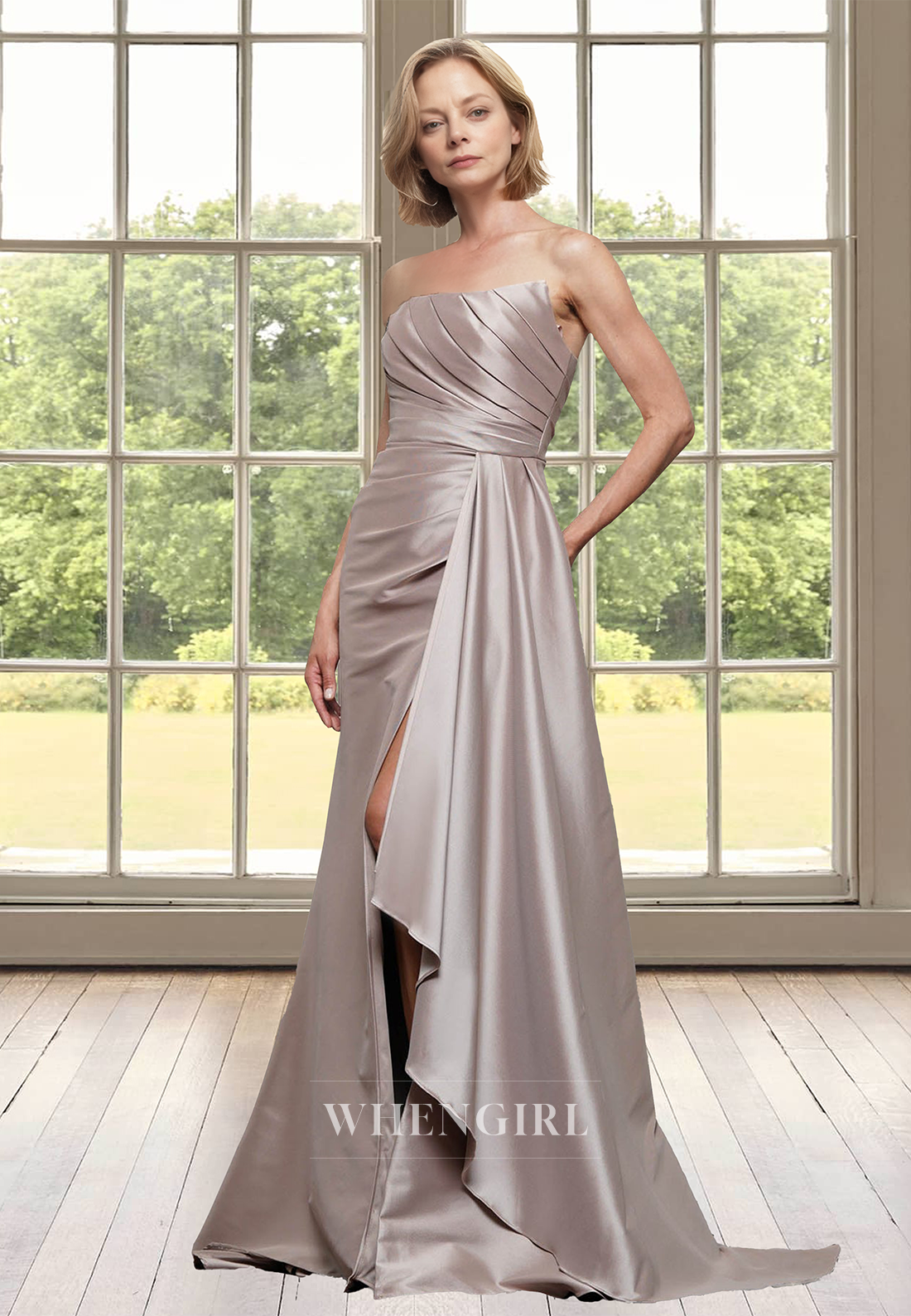 Tube Top Sheath Cocktail Dress Sleeveless Pleated Satin Mother of Groom with Train