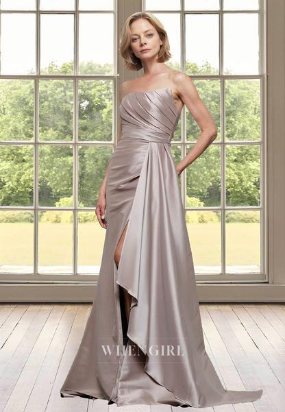 Tube Top Sheath Cocktail Dress Sleeveless Pleated Satin Mother of Groom with Train