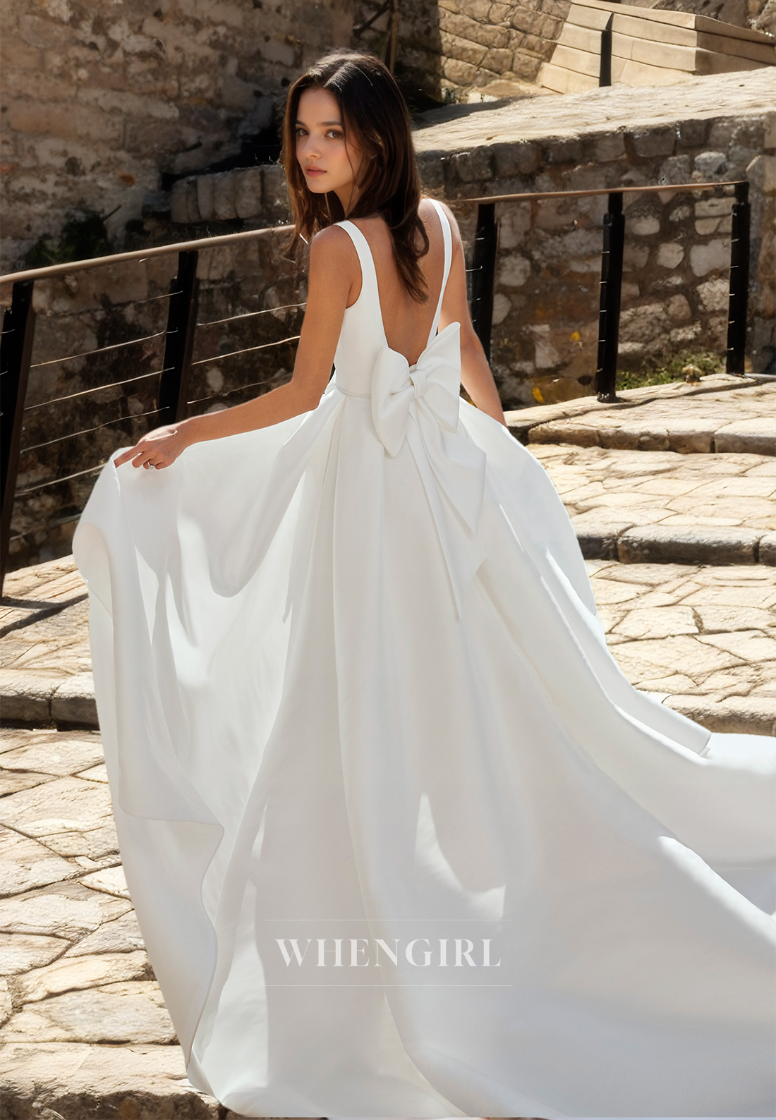 A-Line Square Neck Spaghetti Straps Wedding Dress High Split Train Satin Bridal Gown with Bows