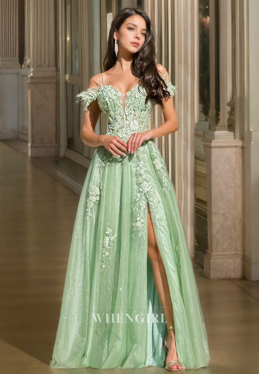 Off-Shoulder Sweetheart A-Line Appliques Pleats Lace Split Formal Prom Dress with Feather