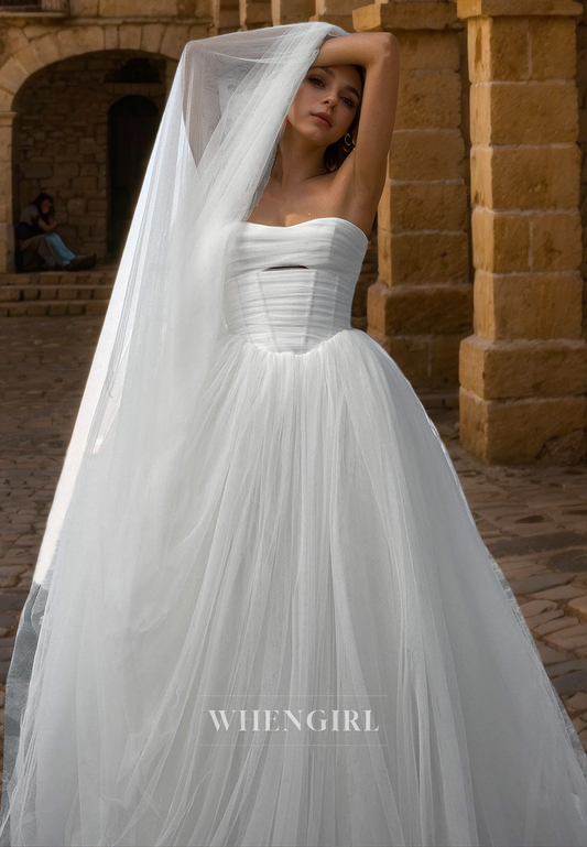 A-Line Strapless Sleeveless Pleated Tulle Beach Wedding Dress