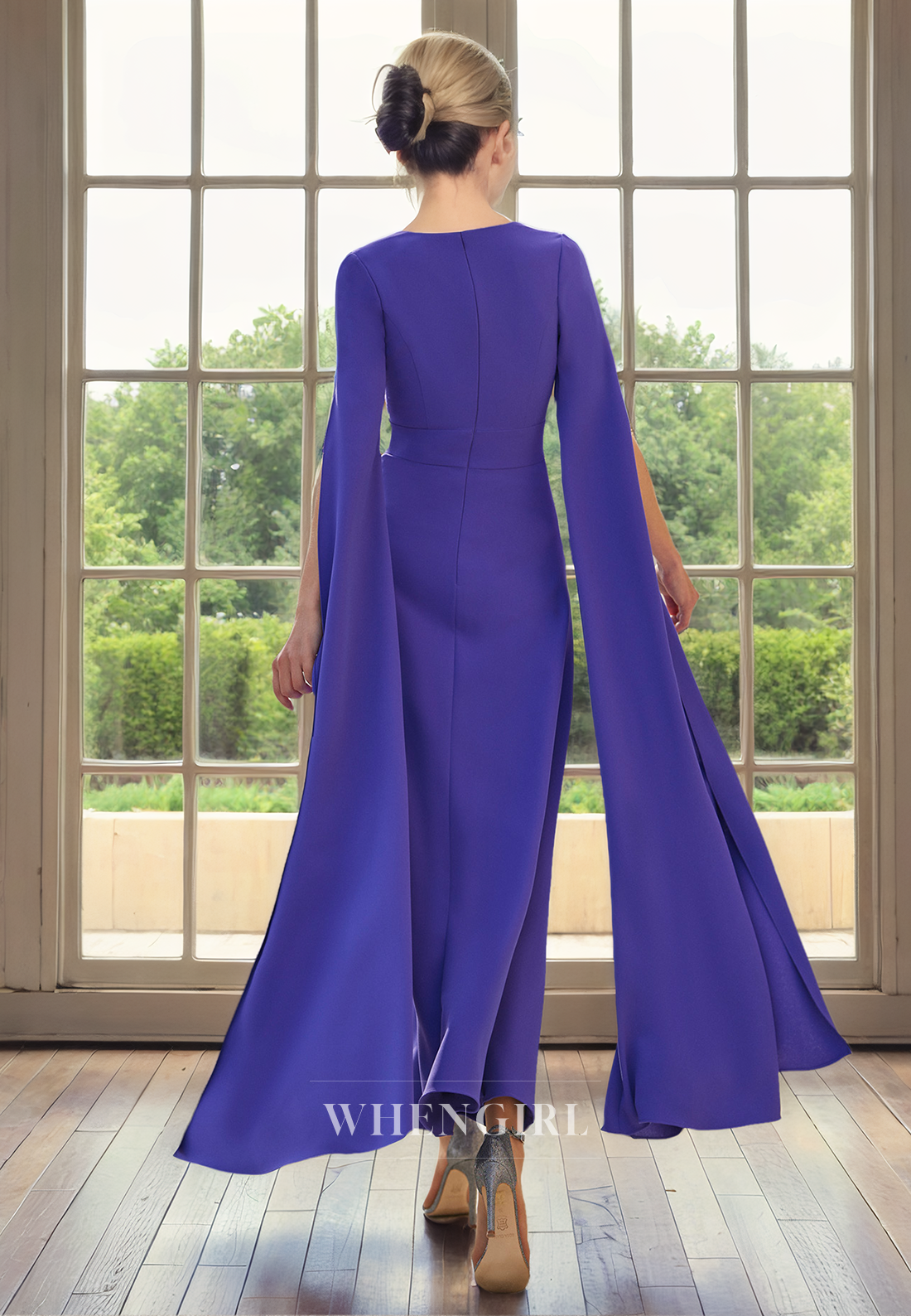A-Line V Neck Sleeves Beaded Tea Length Mother of Bride Dress