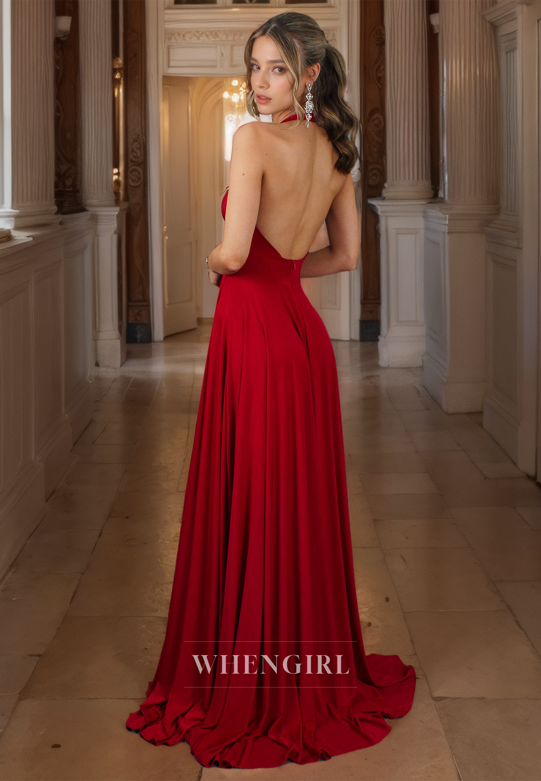 A-Line V Neck Straps Sleeveless Pleated Long Prom Dresss with High Side Slit and Train