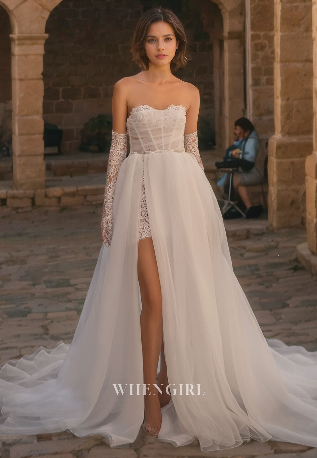 A-Line Strapless Sleeveless Pleated Tulle Wedding Dress with High Side Side Slit and Train