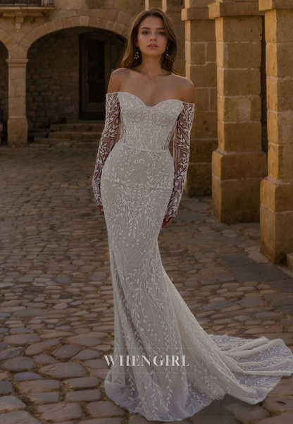 Mermaid Off Shoulder Long Sleeves Fully Lace Appliques Wedding Dress with Train