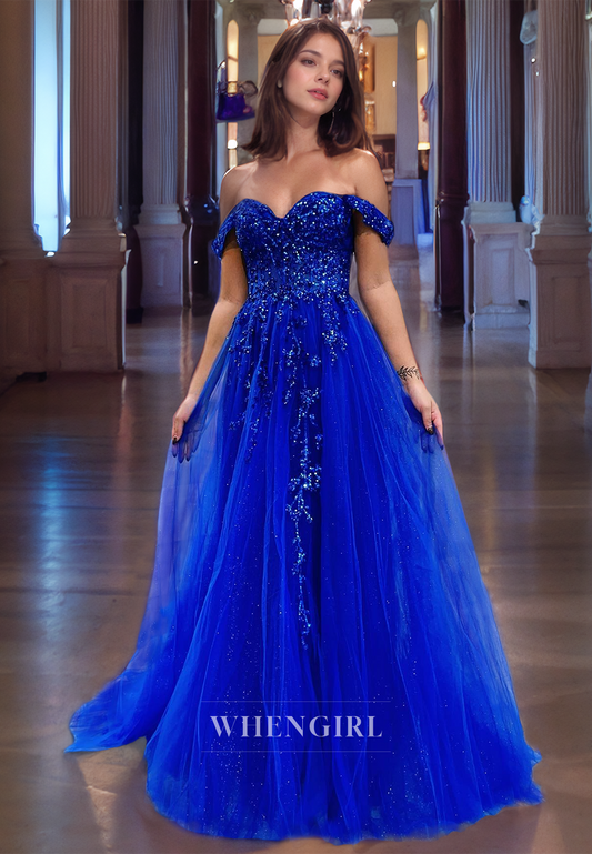 A-Line Off Shoulder Sleeveles Appliques Beaded Long Prom Dress with Train