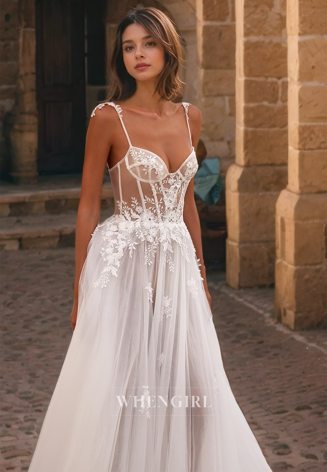 A-Line Strapless Straps Sleeveless Appliques Tulle Wedding Dress with High Side Slit and Train