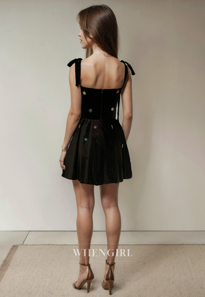 A-Line Square Neck Straps Sleeveless Back Zipper Beaded Homecoming Dress