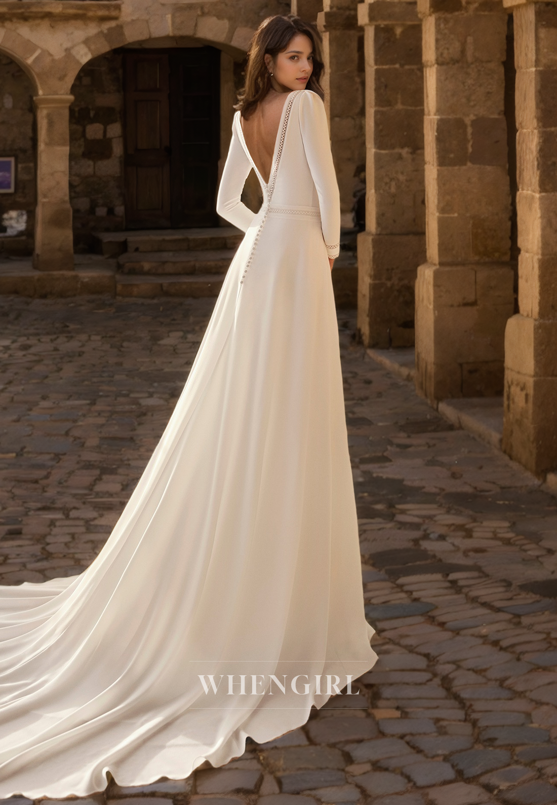 Mermaid Scoop Neck Long Sleeves V Back Satin Wedding Dress with Train