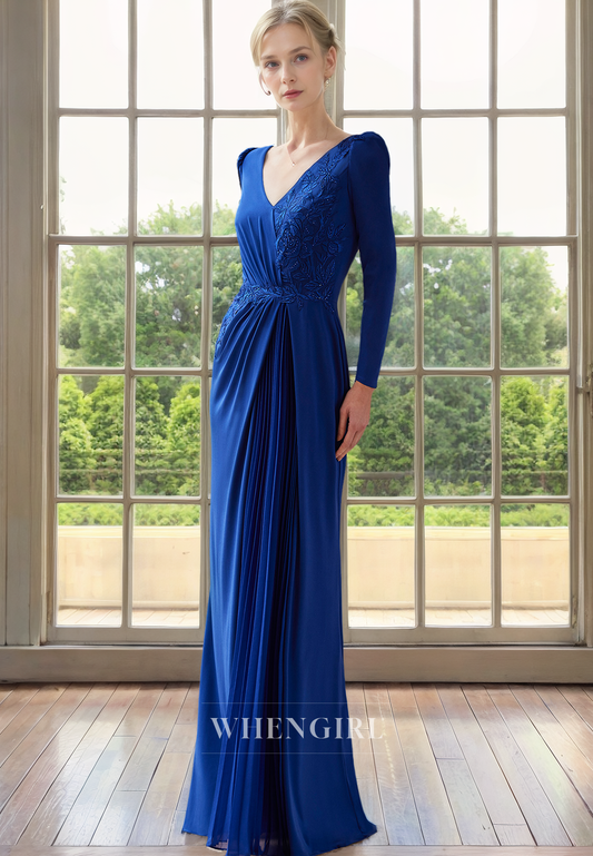 Sheath V Neck Long Sleeves Pleated Lace Appliques Long Mother of Bride Dress