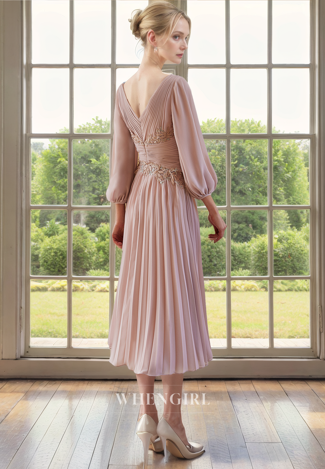 A-Line V Neck 34 Length Sleeves Pleated Appliques Tea Length Mother of Bride Dress