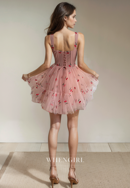 A-Line Square Neck Straps Sleeveless Pleated Tulle Lace Up Homecoming Dress