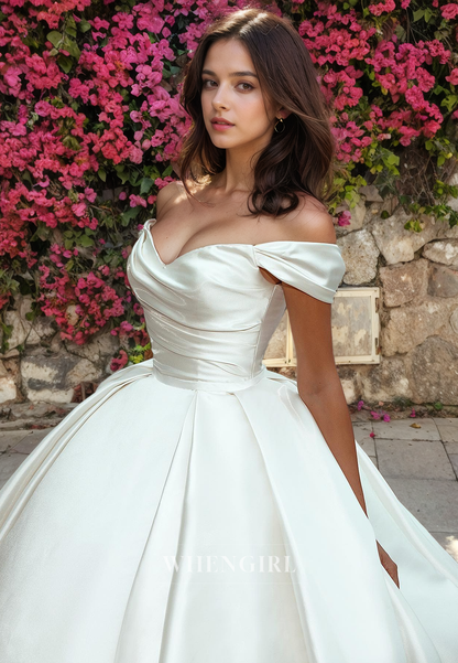 Elegant A-Line Off Shoulder Sleeveless Pleated Satin Wedding Dress