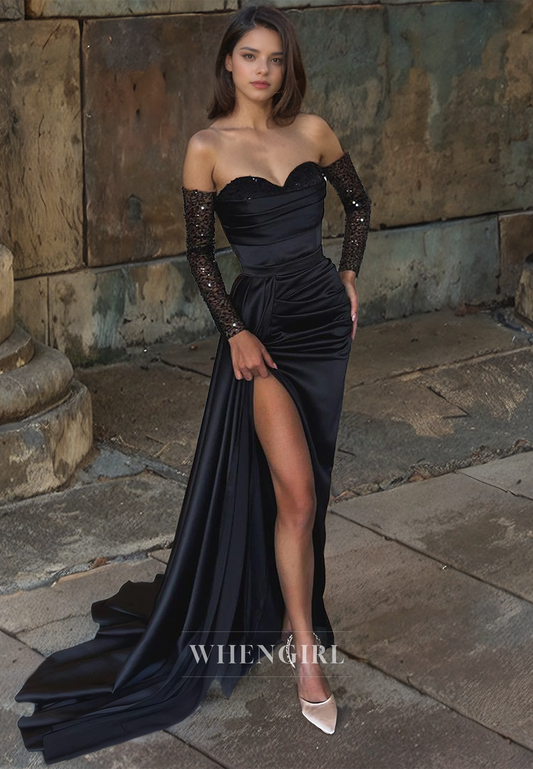Sheath Off Shoulder Long Sleeves Sequins Pleated Long Prom Dress with High Side Slit and Train