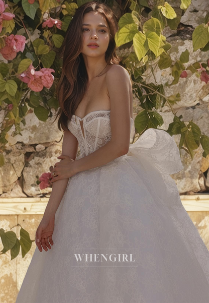 A-Line Strapless Sleeveless Fully Lace Wedding Dress with Train and Bow Knot