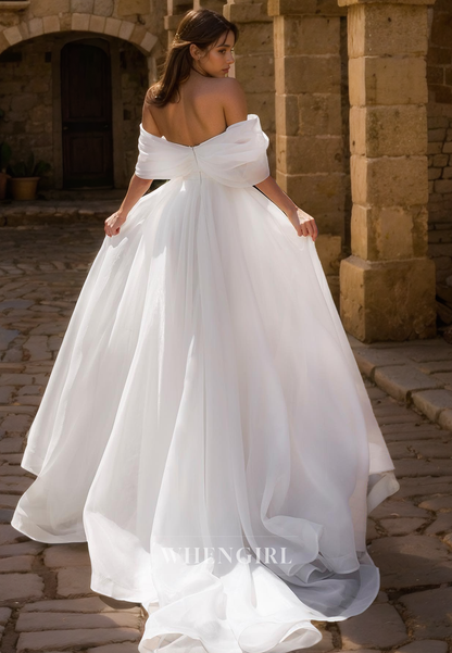 A-Line Off Shoulder Half Sleeves Pleated Wedding Dress with Slit