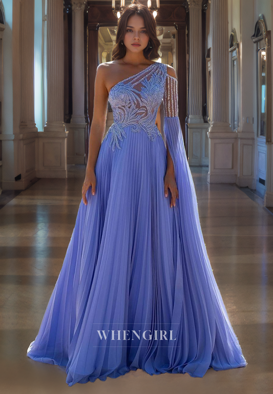 A-Line One Shoulder Sleeveless Beaded Long Prom Dress with Train
