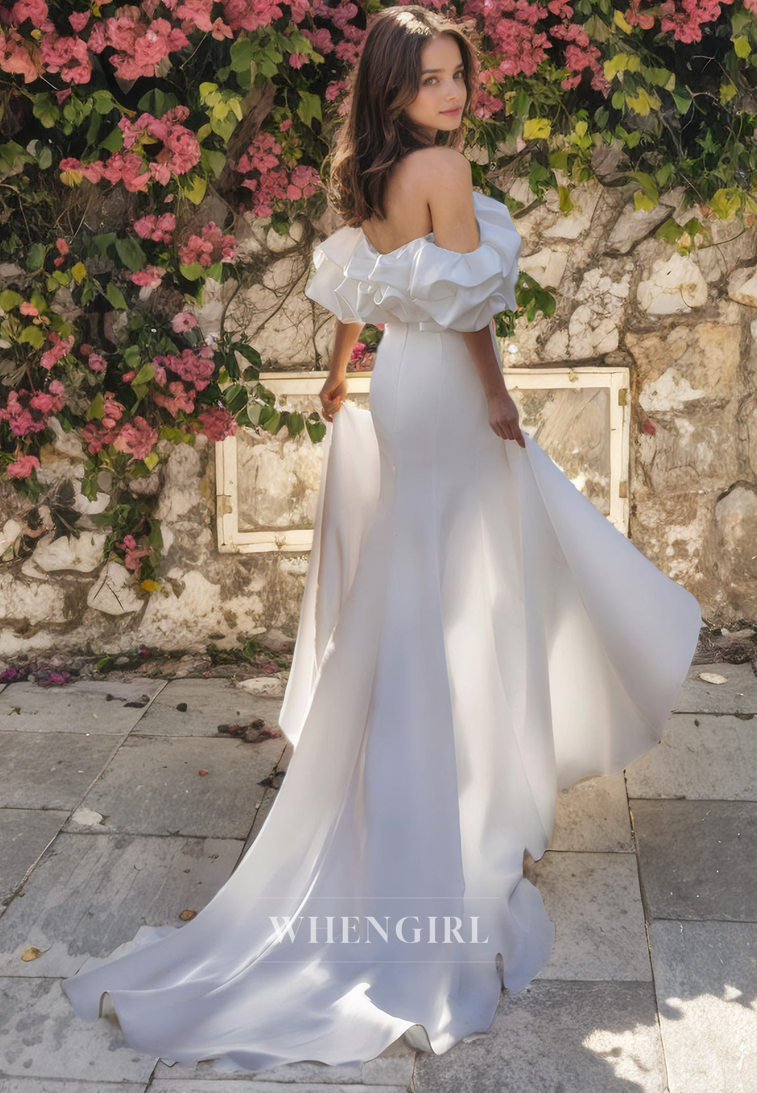 Sheath Off Shoulder Sleeveless Ruched Satin Wedding Dress with High Side Slit and Train