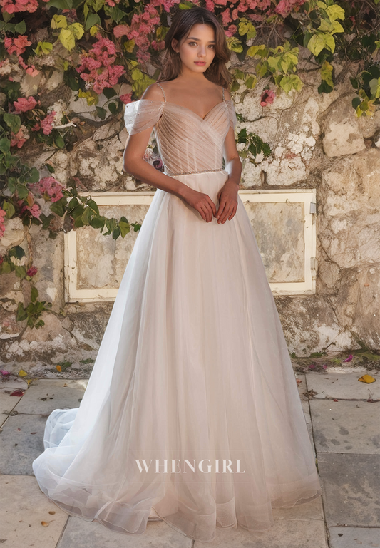 A-Line Off Shoulder Sleeveless Pleated Tulle Long Wedding Dress