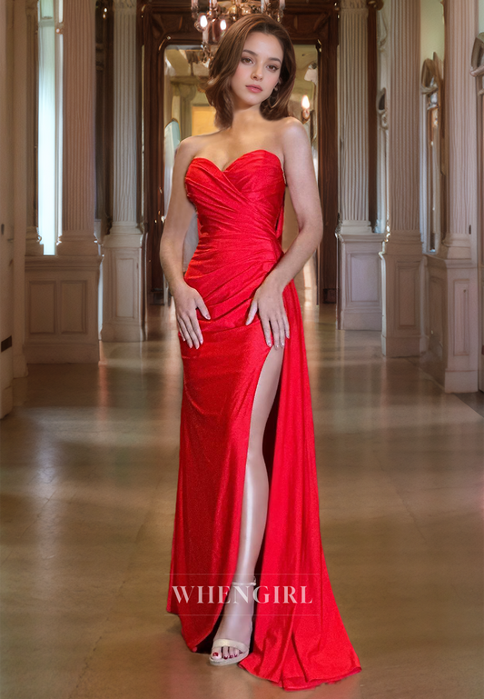 Sheath Strapless Sleeveless Pleated Long Prom Dress with High Side Slit and Train