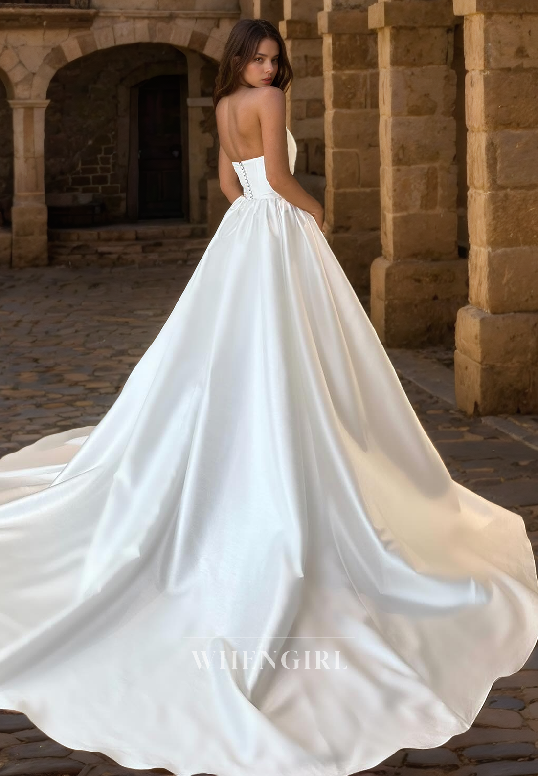 Elegant A-Line Strapless Sleeveless Satin Wedding Dress with Train