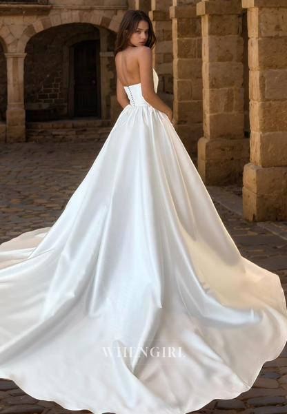 Elegant A-Line Strapless Sleeveless Satin Wedding Dress with Train