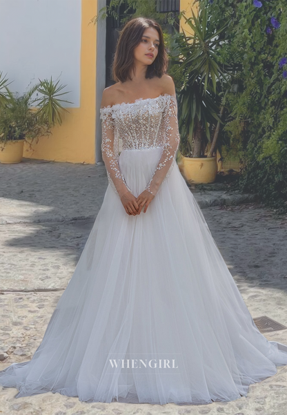 Strapless A-Line Long Sleeves Sweep Train Lace Beach Wedding Dress with Beads Bridal Dress